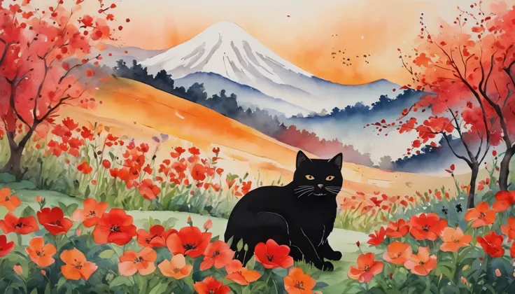 This is a painting depicting a mountain landscape..、Red and orange flower garden、A black cat sleeping inside a single petal、Warm color background、Rest your mind、Peace of mind、flower garden、Black cat、watercolor painting、masterpiece、participate、Cute drawings...