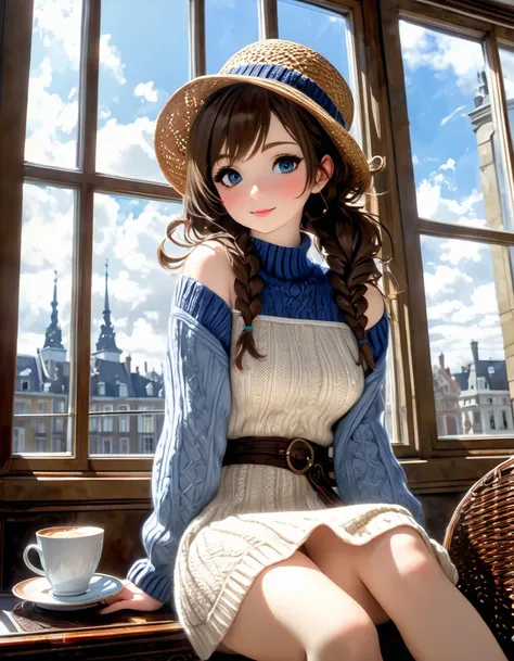 (score_9, Score_8_up, Score_7_up), source_anime, absurd_res, white, blue, black, a sexy girl sitting on a wicker chair, large window, 1 girl, alone, brown hair, breasts, looking at viewer, smile, sitting, sweater virgin killer, backless suit, open mouth, c...