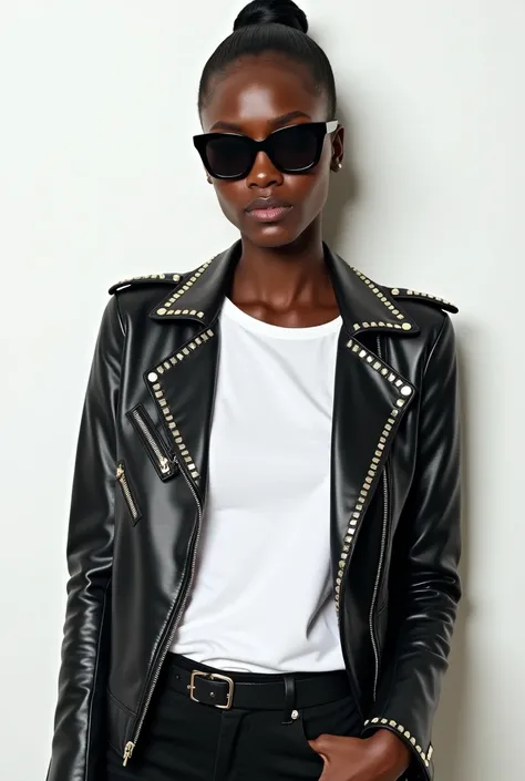 Beautiful african woman in the leather studded jacket and black dark glasses and white t shirt in the white screen