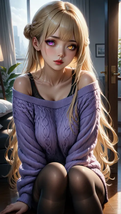 (masterpiece, aesthetic, detailed eyes, realistic), 1girl, mahiru shiina, angel next door spoils me rotten, Long smooth straight golden hair, purple to golden gradient eyes, sitting in a room in sweater and pantyhose, super detail, best quality, 8k