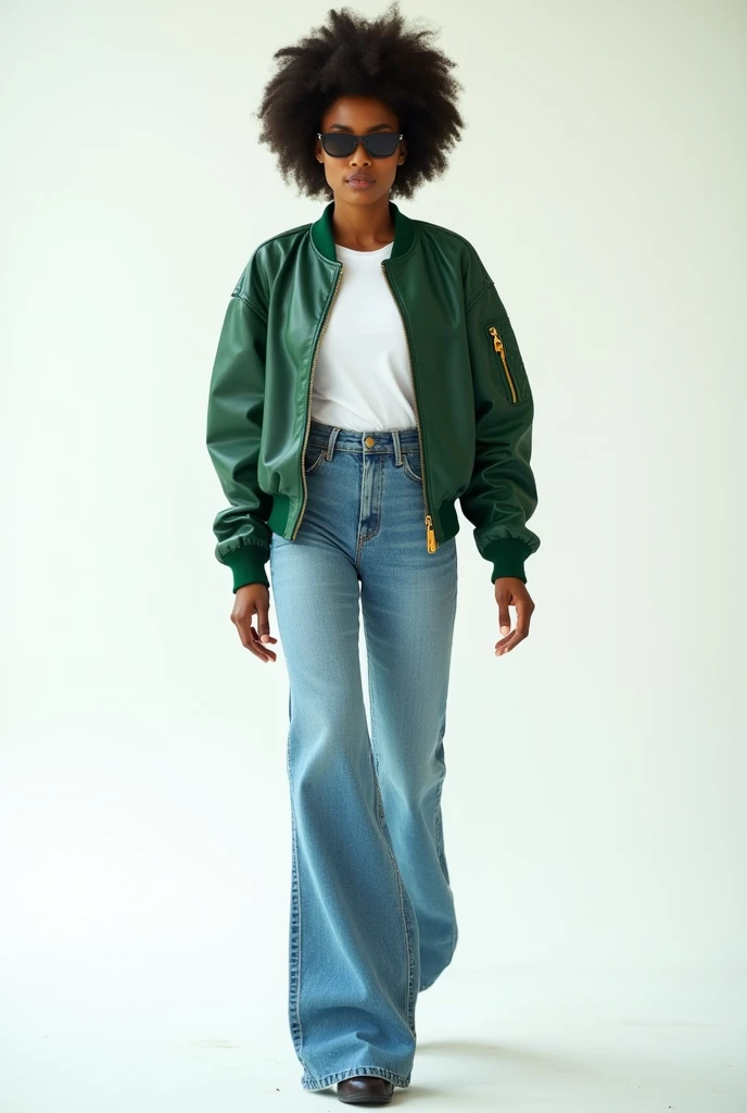 Beautiful african woman in the green leather bomber oversized jacket and black dark glasses and white t shirt and jeans wide leg and walking in the white screen