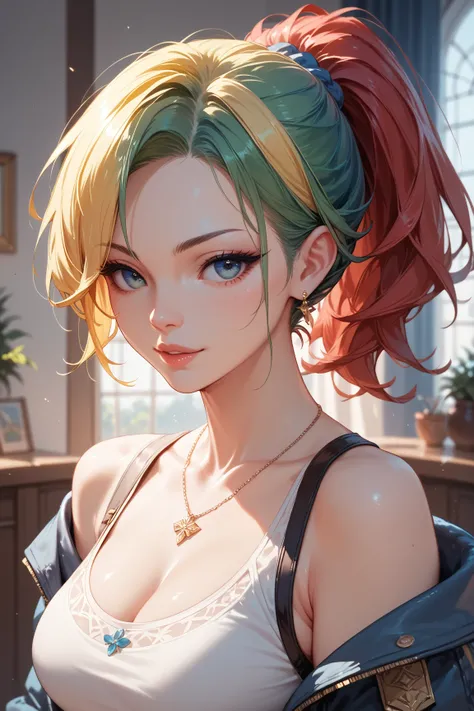  1 girl,  ponytail　Red Hair　 green hair　 yellow hair　 blue hair