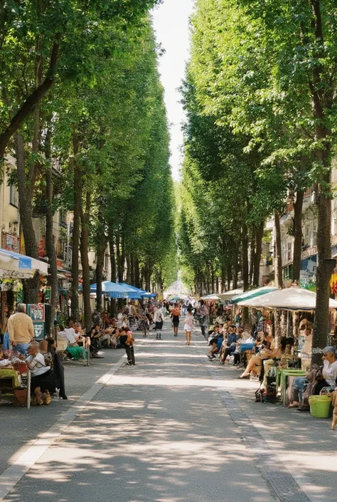 A vibrant pedestrianized street with a middle tall tree line where people are resting, eating, and socializing under large umbrellas. On left sides of the middle tree line, there are wide pedestrian walkway with people walking and enjoying the space. On th...