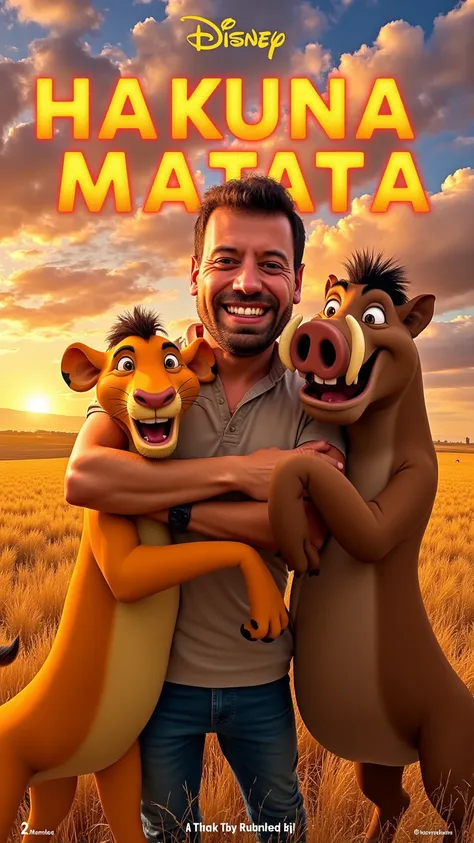 prompt
A vibrant and caricatured depiction of a joyful man in the iconic savanna setting of *The Lion King*, standing in the middle of Timon (the suricate from *The Lion King*) and Pumbaa (the warthog from *The Lion King*). The man is hugging both characte...