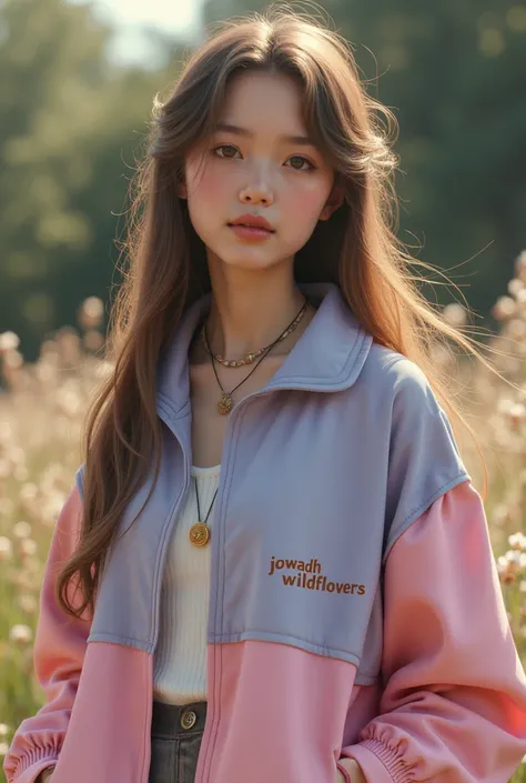 A girl with long brown hair and wearing a half light lavender half pastel pink jacket that says “jowanah wildflowers”