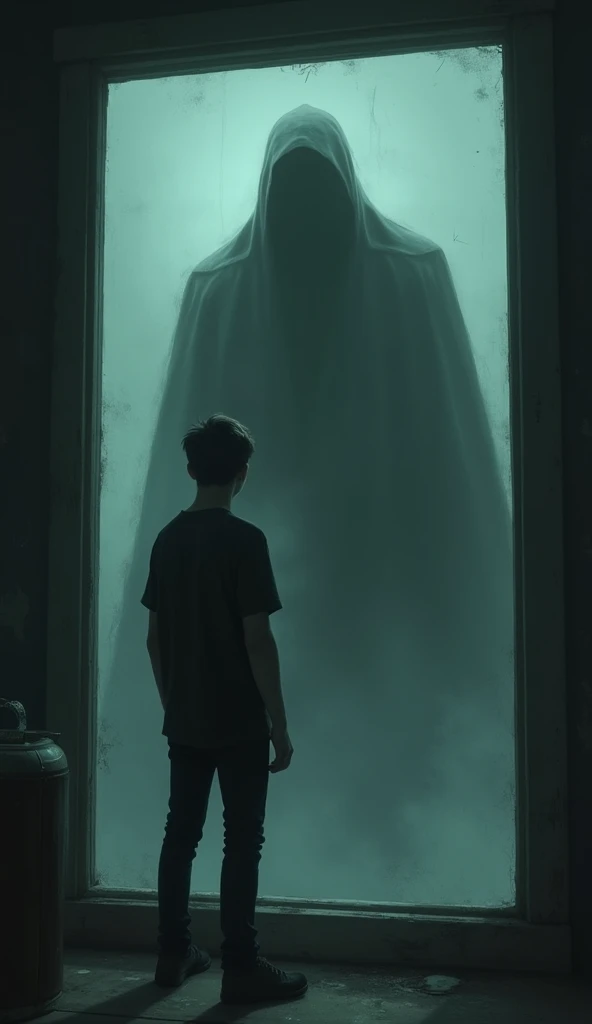 The young man sees a tall, dark shadow standing beside him in the window’s reflection.

