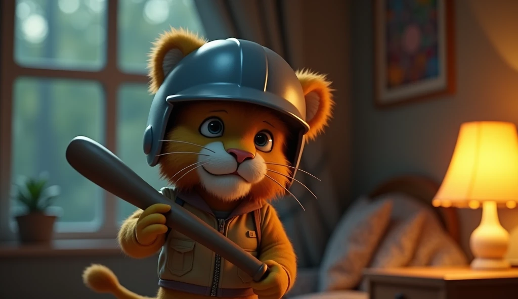 The litte lion character is personified, holds a baseball bat, wears a bicycle grey helmet, and looks scared. Standing near the window in the room. Warm light emanates from the night lamp