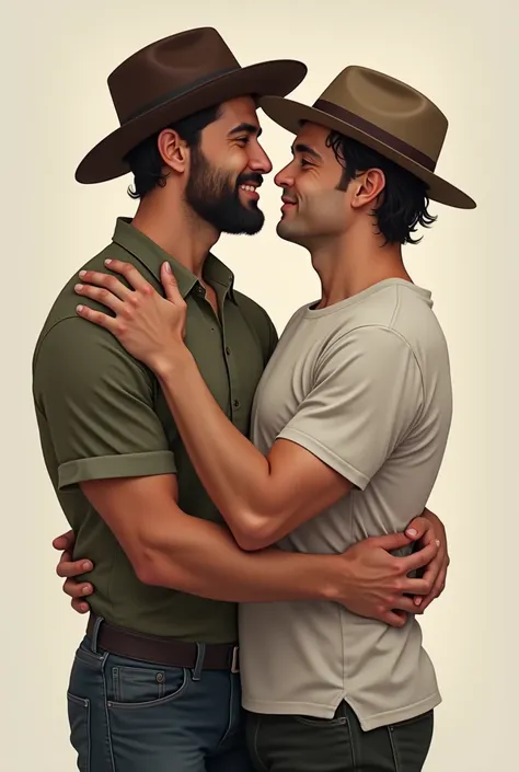 Two men are seen embracing each other in clothes and wearing a hat on their heads. 