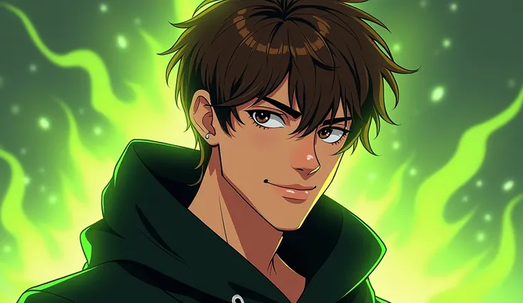 Portrait entier dun protagoniste personnage masculin de webtoon avec yeux marrons et cheveux brun foncé à mèches blondes. Manteau noir. Attitude badass, sourire, charismatique. Style Solo leveling. Énergie verte foncé autour de lui.