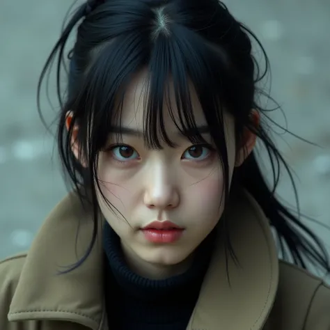 korean woman, 21 years old,  straight black hair,  tied in a messy tail of hair with some threads falling over the face, sharp brown eyes ,  a deep and mysterious look ,  an expression that conveys determination ,  dressed in a loose jacket .