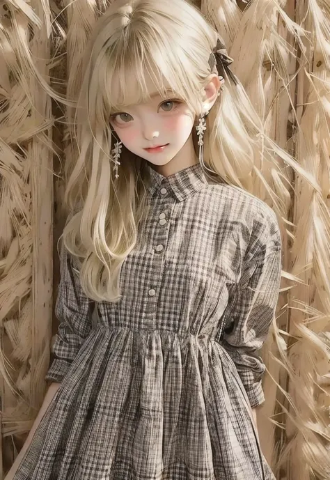  Blonde beautiful girl、Baby Face、Gingham check dress、Embarrassed face、 camera 、 cowboy shot, 