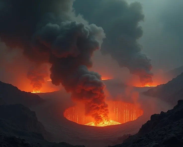 "Illustrate a dark, foreboding atmosphere with thick, acrid smoke rising from fiery pits. The air is heavy and suffocating, symbolizing the unbearable stench described in Jahannam, adding to the torment of its inhabitants."

