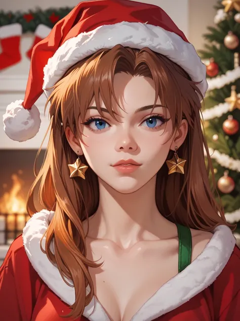 Asuka, Evangelion, Christmas, Christmas hat, face portrait