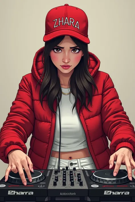 ((best quality)), ((masterpiece)), (detailed), 1girl, woman hijab, indonesia women, handsome girl, at instagram, with accurate face, difarina indra , cute woman, a picture, red jacket, playing dj controller, on her hat is written "ZHARA", angry facial expr...