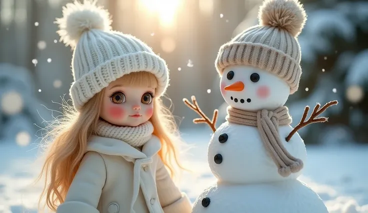 Girl and snowman , blonde , amber eyes ,doll-like appearance, pink cheeks from frost , girl wearing knitted white hat knitted white scarf ,white fur coat , snowman with black beads instead of eyes  , soft relief , on a snowman beige knitted hat and scarf h...