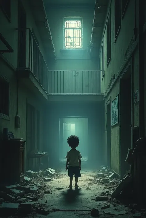 A  boy stands in an old haunted school