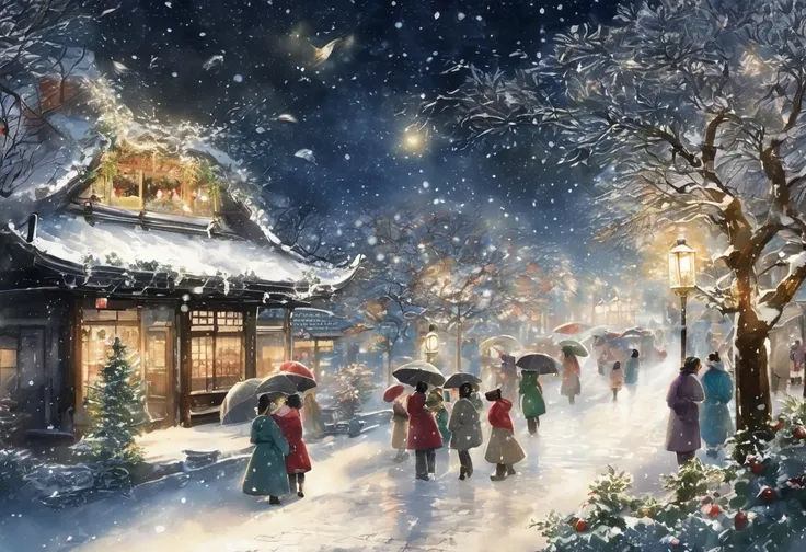 ink style,  Christmas,  A town like a fairy tale ,  White snow falls quietly ,  Christmasディスプレイが施された店のウィンドウ, Starry night sky, Parade Queue,  A square where everyone gathers with a smile , Heartwarming lights 