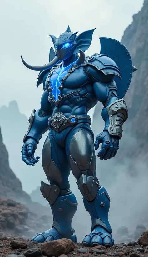 A hyper-realistic, cinematic image of a humanoid hybrid resulting from the fusion of a Blue Power Ranger and an elephant. The character features a muscular build with sleek blue and silver armor, incorporating elephant-like elements such as tusks extending...