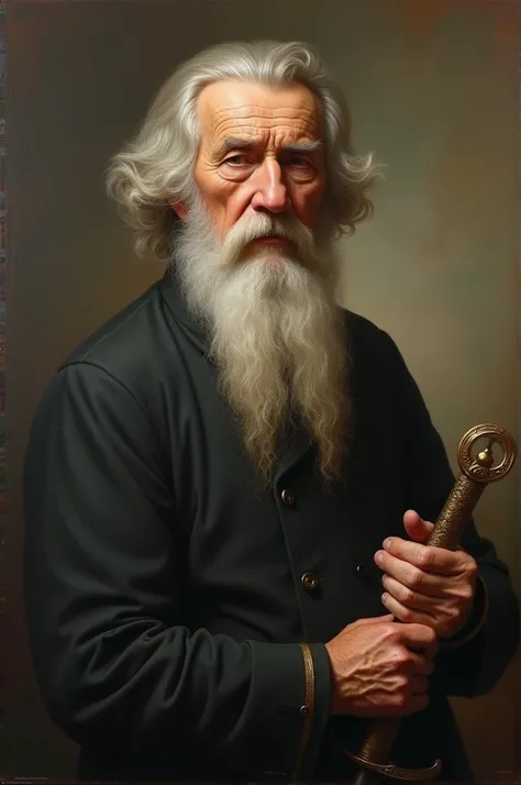 An old painting of an old man with a long mustache ,  with one hand crossed on his chest and the other hand on the fist of a sword