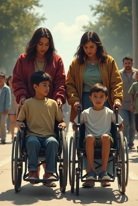 a strong 2 women carries a 2 boys in a wheelchairs