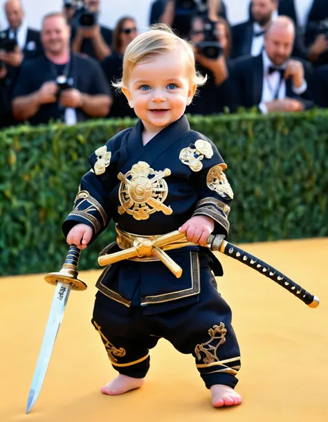 full body,from front,(((One month))) old foreign baby boy,Newborn baby,toddler,tiny,(((Big eyes))),(((blue eyes))),smile,happy smile,cute smile,good looking,japanease samurai,bushi,walking,Japanese sword,(((To wear a sword at ones side))),To have a sword b...