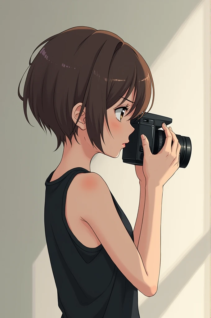 Create a anime young and slim arm boy with brown jawline length hair and a black tank top side profile covers face with a camera pale and smooth skin 
