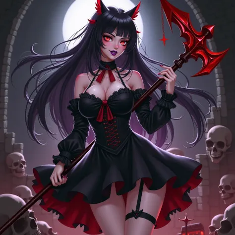 rorymercury, rory mercury, long hair, black hair, (red eyes:1.3), bangs, blunt bangs, hime cut, evil smile, smirk, adult body, large breasts, purple halberd weapon in hand 
BREAK thigh highs, bow, ribbon, red hair ribbon, garter straps, dress, black gothic...