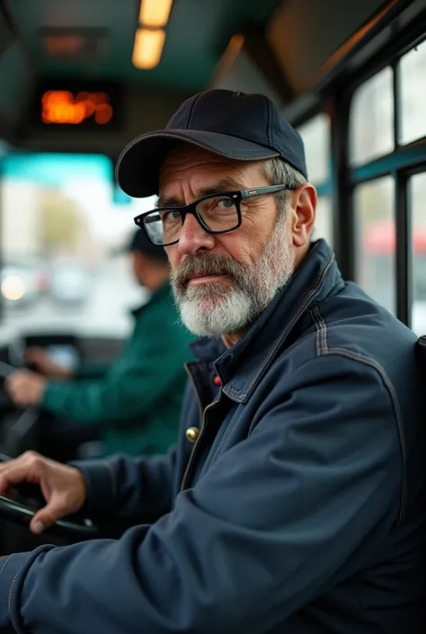 Bus driver in a hat and black glasses with a beard 