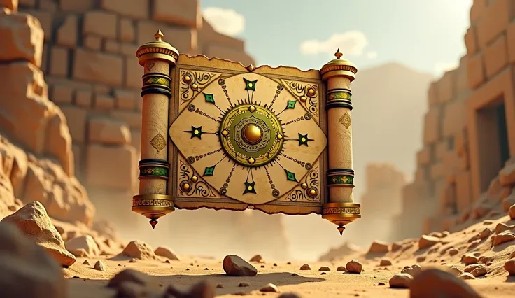 In a desert scene of dusty Egyptian stone piles ，A luxurious treasure map of gold, yellow and green floats，surrealism, futurism, 8k, UHD, masterpiece, accurate, super detail, high details, high quality,  highres icon, best quality