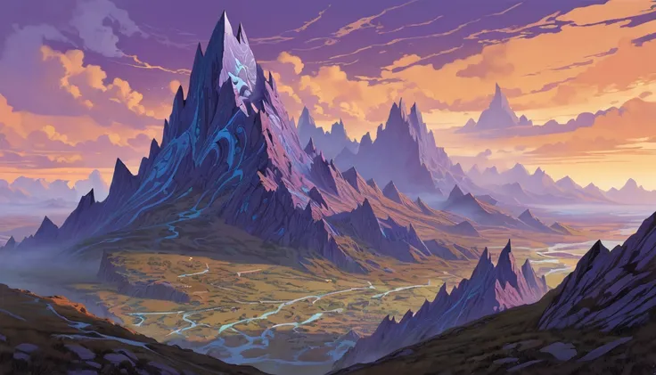 A breathtaking full-page spread of the jagged mountain, with The Forge of Eldara carved into its side. The violet and blue morning sky swirls with dramatic clouds.