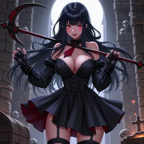 rorymercury, rory mercury, long hair, black hair, (red eyes:1.3), bangs, blunt bangs, hime cut, evil smile, smirk, adult body, large breasts, sexy, 
BREAK thighhighs, bow, ribbon, hair ribbon, garter straps, dress, black gothic dress, puffy sleeves, frills...