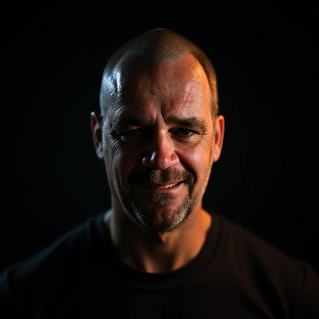 Portrait of smiling man with shaved head with high contrast cinematic.