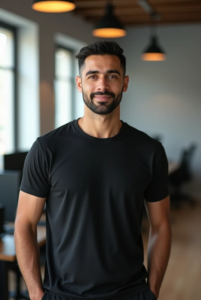 A portrait of a 30-40-year-old Middle Eastern male, wearing a black, collarless short-sleeve T-shirt, standing confidently in a modern office interior. The background features a sleek, contemporary office with minimalist design, ergonomic furniture, and la...