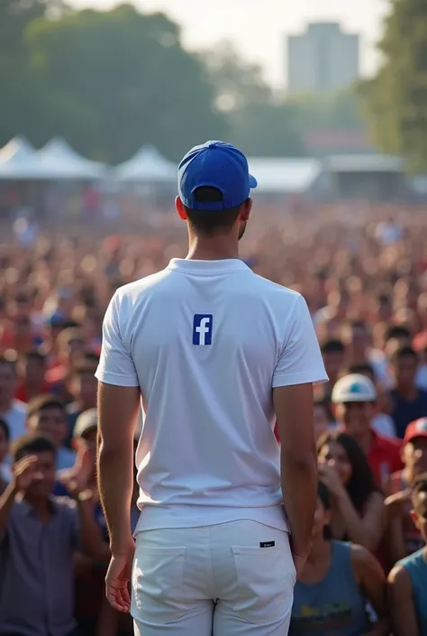 hyper realistic, ultra hd photo result from kodak camera an Indonesian handsome man, thin body wearing a blue cap, white shirt(facebook logo) white pants (with glasses). standing straight giving a speech in the middle of a crowd, carrying the  "facebook" l...