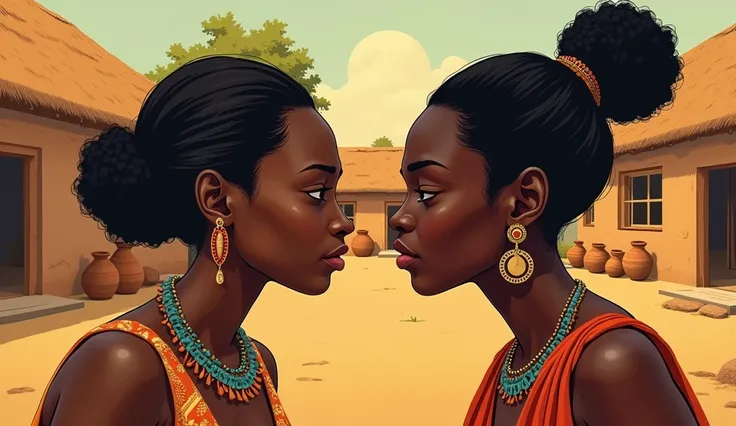 Illustration dune scène dans un village traditionnel africain, où deux femmes, Unoi et la mère critique de Chinu, sont au centre dun face-à-face tendu. Unoi, une jeune femme pleine de détermination, est représentée avec une expression de défi, tandis que l...