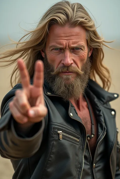 Realistic picture of a man, long haired blond motorcyclist, showing a pacifist gesture with his right hand.