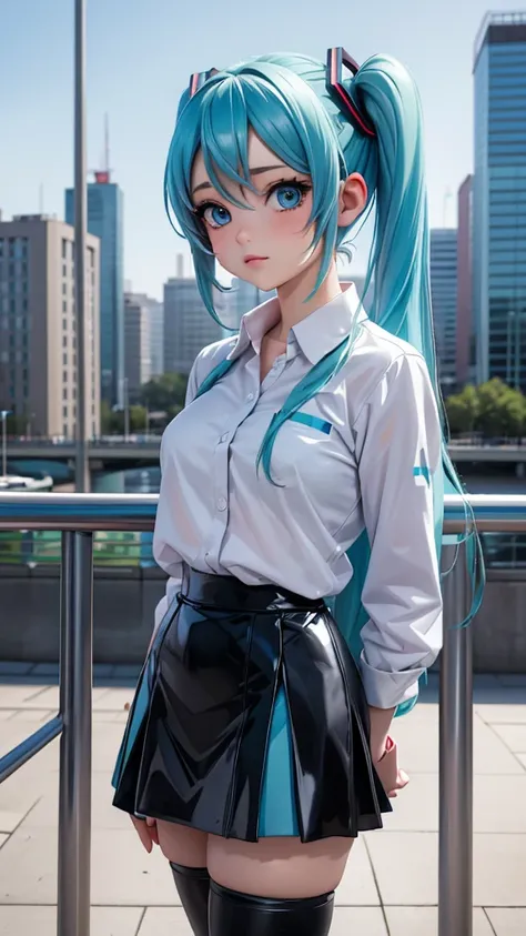 a girl, light blue hair, Hatsune Miku style hairstyle, blue eyes, 20 years old, In Berlin, modern city, better quality, artwork, plump, , Black latex skirt, Top quality latex, 