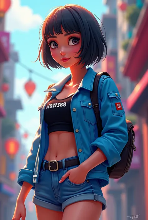  looks animated short haired beautiful woman facing left using bob shorts, blue jacket and black tanktop inscribed wow388 