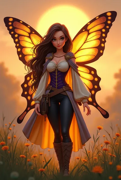 A beautiful cartoon style adult woman fairy standing in a meadow, she is looking at the viewer, she has long flowing chocolate brown hair and deep brown eyes, she has a closed mouth smile and nose blush, she has big beauitful golden butterfly wings that fl...