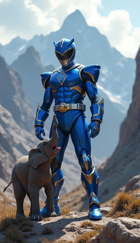 A hyper-realistic, full-body cinematic illustration of a Blue Power Ranger standing confidently on a vast, rugged mountain plain. Beside the Power Ranger, a small, adorable elephant with wrinkled skin and tiny tusks looks up curiously. The Blue Ranger’s su...