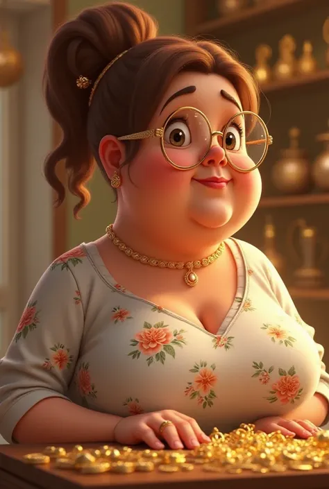 Animated short low mature fatty fulled body breastfull obesity circled face 50 years old white curvy  round woman with honey hair tided up ponytail with hair clip full of jewels. She have golden glasses and full of expensive rings and golden earrings. Swee...