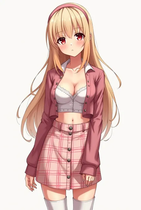 Mature older anime girl with fair skin, long straight platinum blonde hair that fades into orange with bangs, and red eyes. Her eyelashes are long. She has freckles on her nose. She’s wearing a very light pink plaid skirt with a matching bralette. She has ...