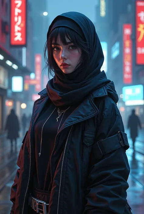 A stunning hyper-realistic cyberpunk illustration by one Art, featuring a charming hijabi female anime character wearing a trendy hijab and eye-catching futuristic clothing. The woman’s outfit is adorned with intricate details, reflecting the influence of ...