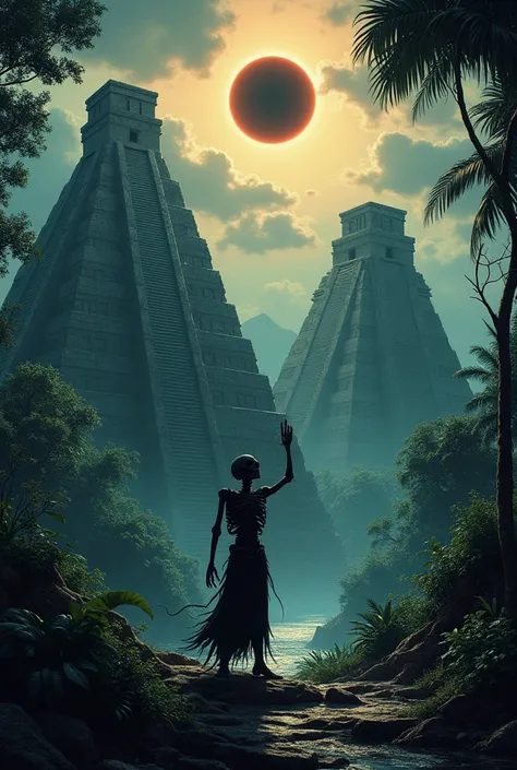 A jungle landscape with three Aztec-type pyramids in the middle of an eclipse while a skeleton demon raises its hands at the edge of the image