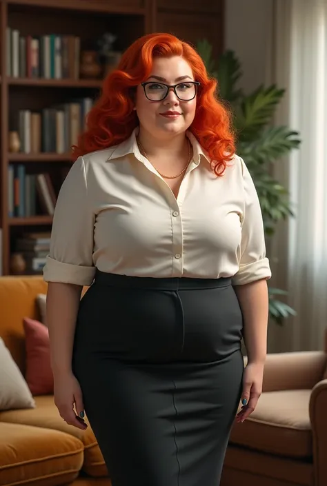 Fat redhead secretary woman standing in a living room with glasses on
