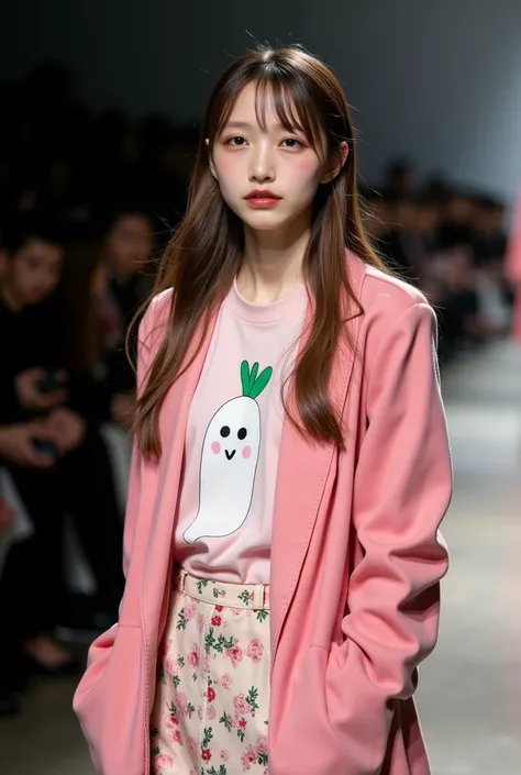 ultra-realistic, photorealistic, dramatic scene, shadow, global-illumination, solo, very beautiful Japanese woman, she is high school student but professional fashion model, very beautiful with very cute but boyish cool face, She walks the runway of a fash...