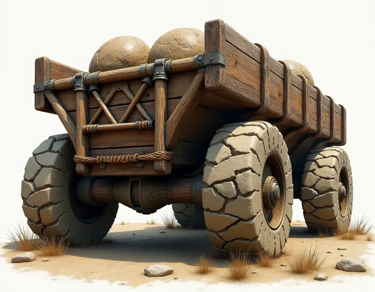 Sure! Heres a description of the rear of a prehistoric "dinosaur-era" cargo vehicle:

---

The rear of this ancient cargo vehicle, imagined from the time of the dinosaurs, is built for rugged, natural landscapes. Its made from thick, weathered stone and he...