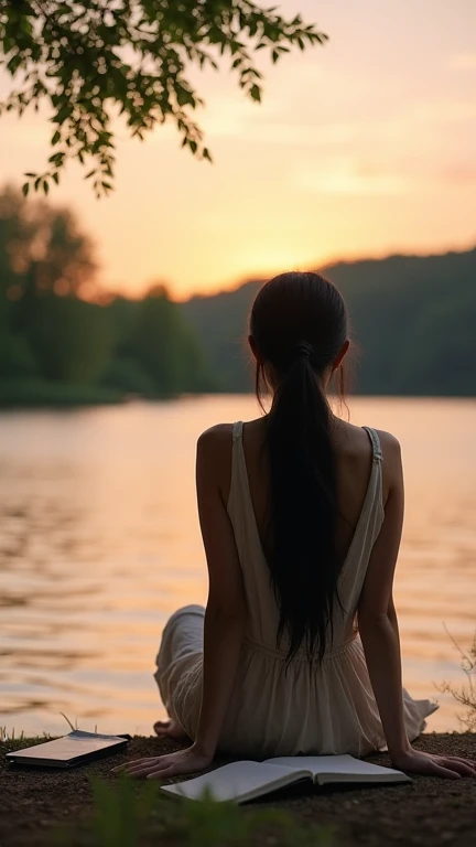 "A quiet and reflective photograph of a person sitting quietly by a quiet lake during sunset. 

A low angle shot of a so beautiful half Japanese-Korean woman with long straight black hair tied in a ponytail, dressed in a bohemian, hippie style, and a very ...