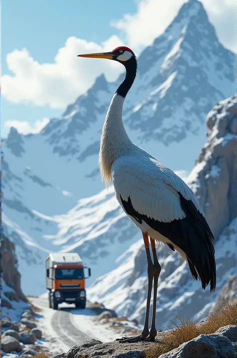 A crane looking up breathing out chilled air, with a background of a truck going up the mountain 