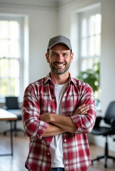 A portrait of a 30-40-year-old American male, wearing a red and white plaid shirt and a baseball cap, standing confidently in a modern, minimalist office with a white background. The office features clean lines and simple furnishings, with plenty of natura...